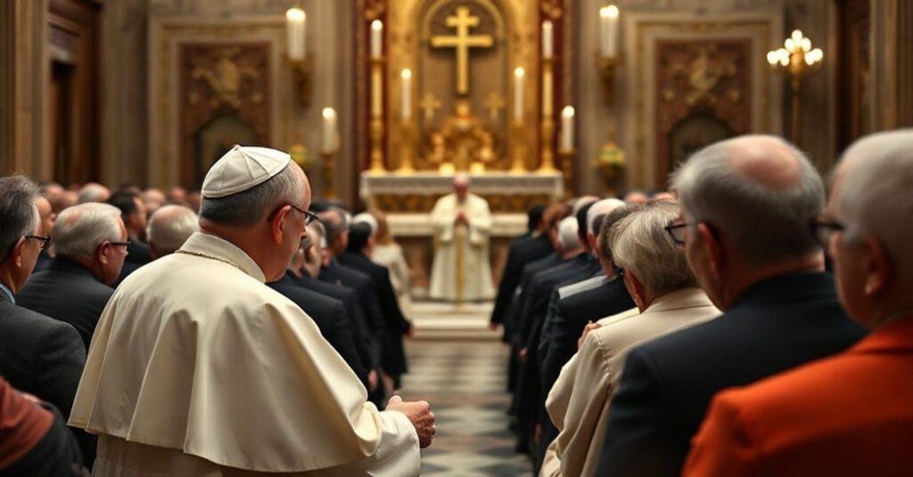 Zbór wiernych słuchających przemówienia papieskiego z wyrazem rozczarowania i smutku z powodu braku nauczania o wierze katolickiej.