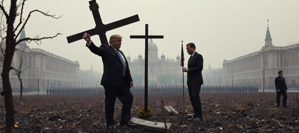 Zniszczony krzyż na tle barannego krajobrazu wojny z sylwetami Donalda Trumpa i Wołodymyra Zełenskiego