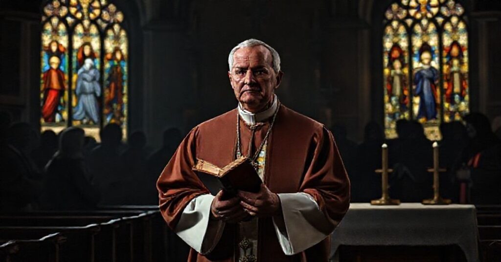 Czytelny katolicki biskup w tradycyjnych szatach liturgicznych stoi w ciemnym kościele, trzymając zamkniętą Biblię.