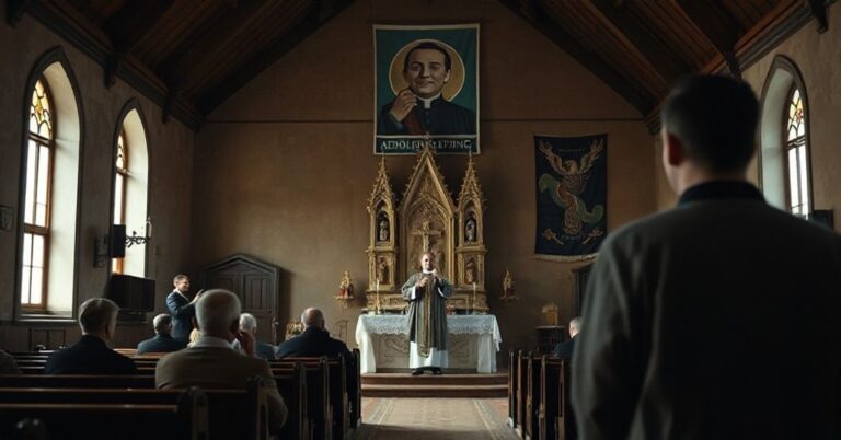 Wnętrze kościoła w Rozłazinie z zdewastowanym ołtarzem używanym do sekularnych aktywności Kolpingowskich. Młody ksiądz w swetrze rapuje podczas imprezy dla młodzieży.