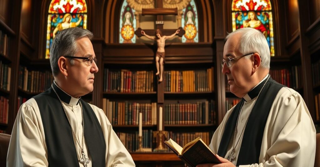 John-Henry Westen i Anthony Abbate dyskutują w tradycyjnym kościelnym otoczeniu na temat ideologii młodzieżowych z katolickiego punktu widzenia.