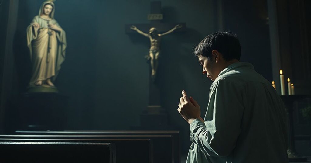 Osoba modląca się przed krzyżem w ciemnym kościele - ilustracja rozpaczy bez nadziei na Bożę pomoc