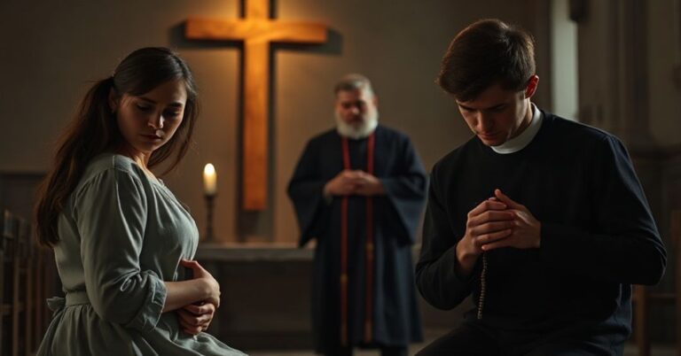 Smutny młody pary w kościele modli się przed krzyżem, symbolizując rozpacz i wiarę w obliczu śmierci