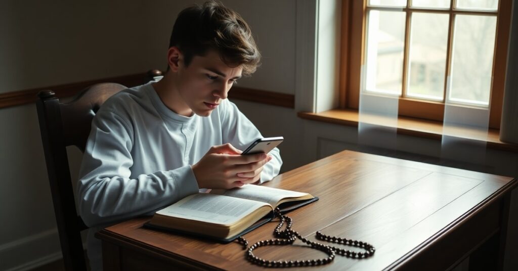 Osoba przed monitorem myśląca o tymczasowych numerach telefonicznych w kontekście katolickiej etyki