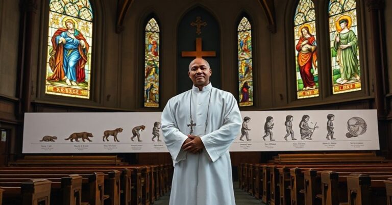 Pokazuje rozwój prenatalny ludzkiego życia od poczęcia do urodzenia w tradycyjnym kościele katolickim, z kapłanem podkreślającym świętość życia.