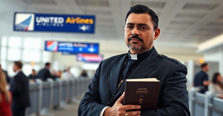 Ruben Sanchez - katolicki steward z United Airlines trzymający różaniec i Katechizm w terminalu lotniczym
