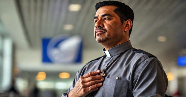 Katolicki steward Ruben Sanchez w mundurze lotniczym z różańcem i krzyżykiem w terminalu lotniczym United Airlines.