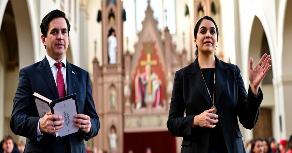 Marco Rubio i Alexandria Ocasio-Cortez podczas konferencji w Monachium w 2026 roku na tle kościoła katolickiego.