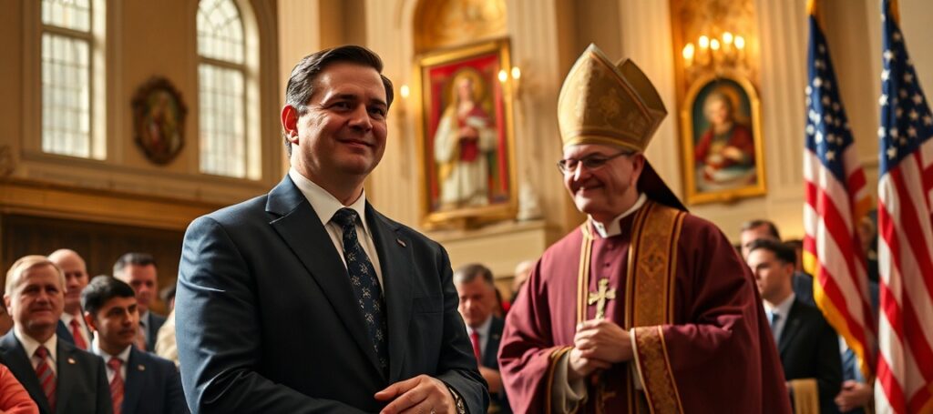 Senator Marco Rubio i Leon XIV podczas spotkania w Watykanie, symbolizujące konflikt pomiędzy władzą państwową a Kościołem.