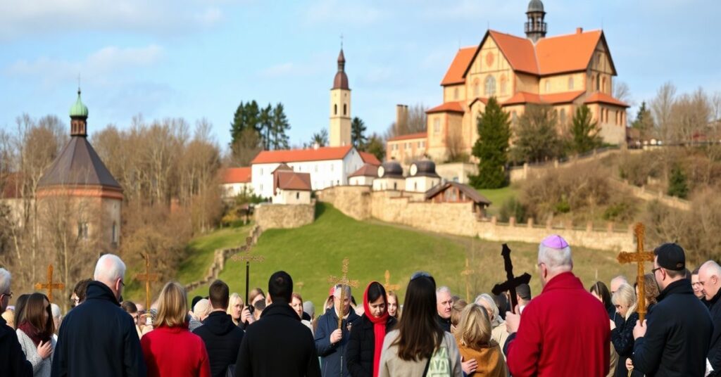 Grupa ludzi zgromadzona na Jasnej Górze podczas zebrania Ruchu Światło-Życie, z widokiem na klasztor na tle. Scena jest poważna z uczestnikami trzymającymi krzyże i modlącymi się.
