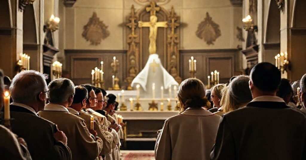 Tradycyjna msza święta w kościele z grupą uczestników Ruchu Światło-Życie pod wpływem cienia Soboru Watykańskiego II.