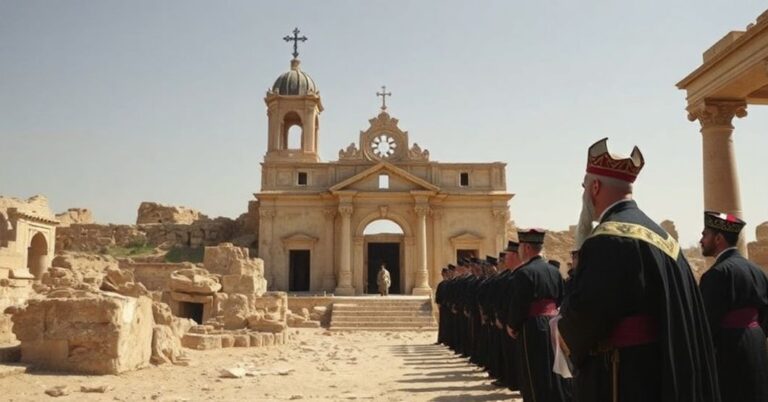 Ruiny starożytnej świątyni w Akabie z schizmatyczną liturgią pod przewodnictwem arcybiskupa Christoforosa z Kyriakoupolis