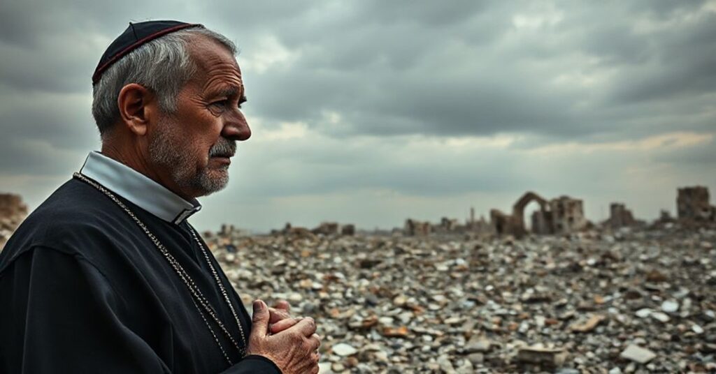 Uroczysta scena z ruin Gazy z tradycyjnym kapłanem katolickim w modlitwie, trzymającym różaniec, na tle zniszczeń symbolizujących kryzys duchowy.
