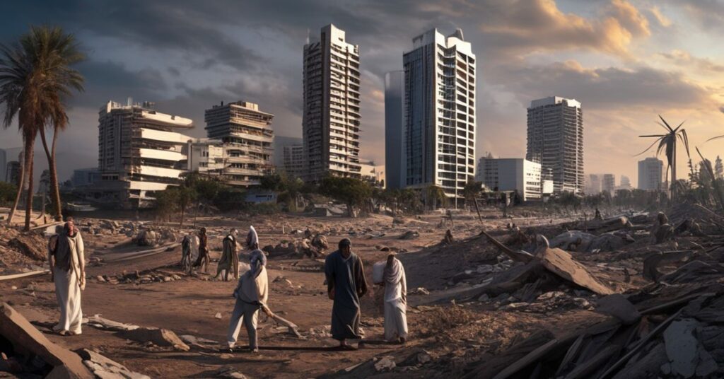 Scena zniszczonego Strefy Gazy z ruinami budynków i rodzinami Palestyńczyków w tle nowo budowanego kompleksu turystycznego
