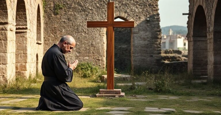 Tradycyjny zakonnik w habicie modli się przed krzyżem na tle ruin klasztornych