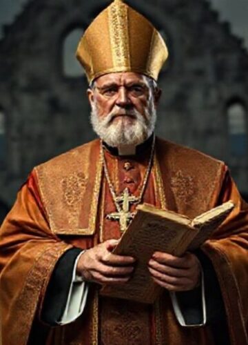 Obraz przedstawiający tradycyjnego biskupa katolickiego w stroju liturgicznym stojącego przed ruinami kościoła rzymskiego, symbolizującego upadek prawdziwego Kościoła. Na tle widoczne są postacie 'Leona XIV' i schizmatyków w Nicei, oznaczające ekumeniczną zdradę. Scena jest ciemna i realistyczna.