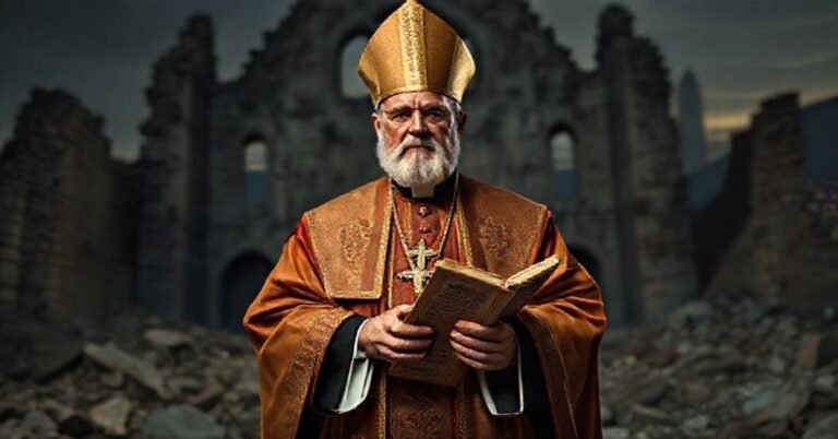 Obraz przedstawiający tradycyjnego biskupa katolickiego w stroju liturgicznym stojącego przed ruinami kościoła rzymskiego, symbolizującego upadek prawdziwego Kościoła. Na tle widoczne są postacie 'Leona XIV' i schizmatyków w Nicei, oznaczające ekumeniczną zdradę. Scena jest ciemna i realistyczna.