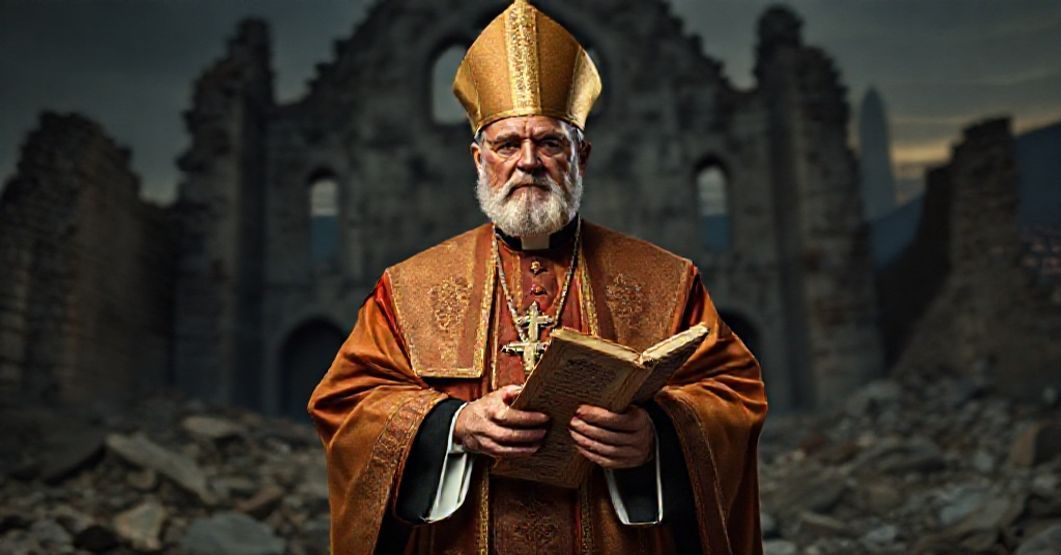 Obraz przedstawiający tradycyjnego biskupa katolickiego w stroju liturgicznym stojącego przed ruinami kościoła rzymskiego, symbolizującego upadek prawdziwego Kościoła. Na tle widoczne są postacie 'Leona XIV' i schizmatyków w Nicei, oznaczające ekumeniczną zdradę. Scena jest ciemna i realistyczna.