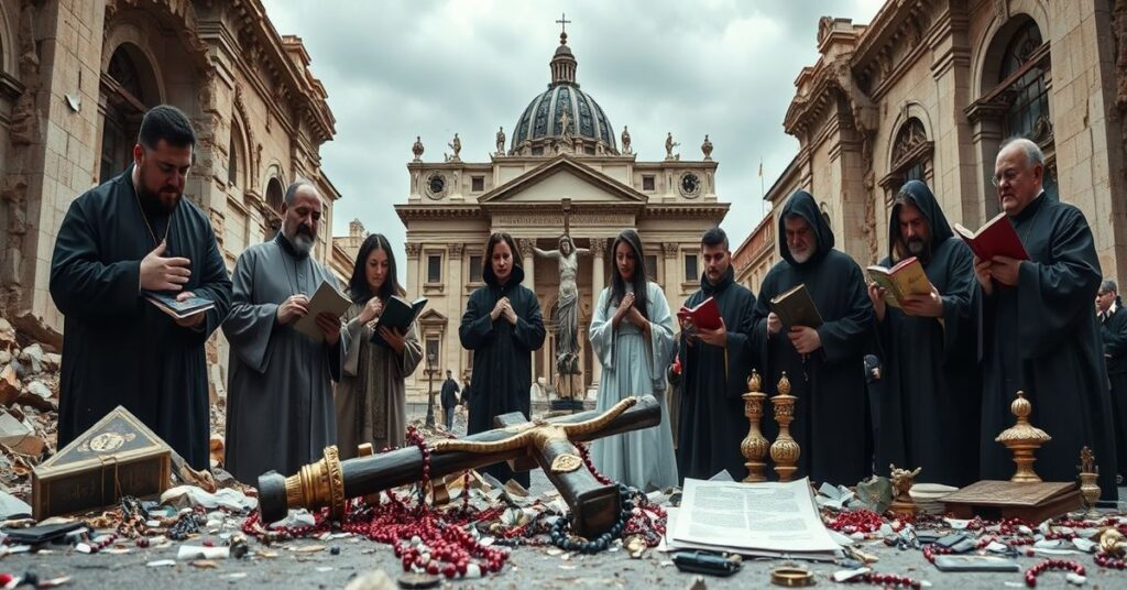 Obraz przedstawiający ruinę Kościoła katolickiego pod rządami Jorge Bergoglio, z zniszczoną Bazyliką św. Piotra i modlącymi się sedevacantystami.