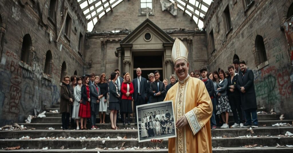 Zdjęcie przedstawiające ruiny kościoła św. Marii Wniebowzięcia w Chicago z graffitami i zniszczonym dachem, symbolizujące upadek Kościoła po Soborze Watykańskim II.