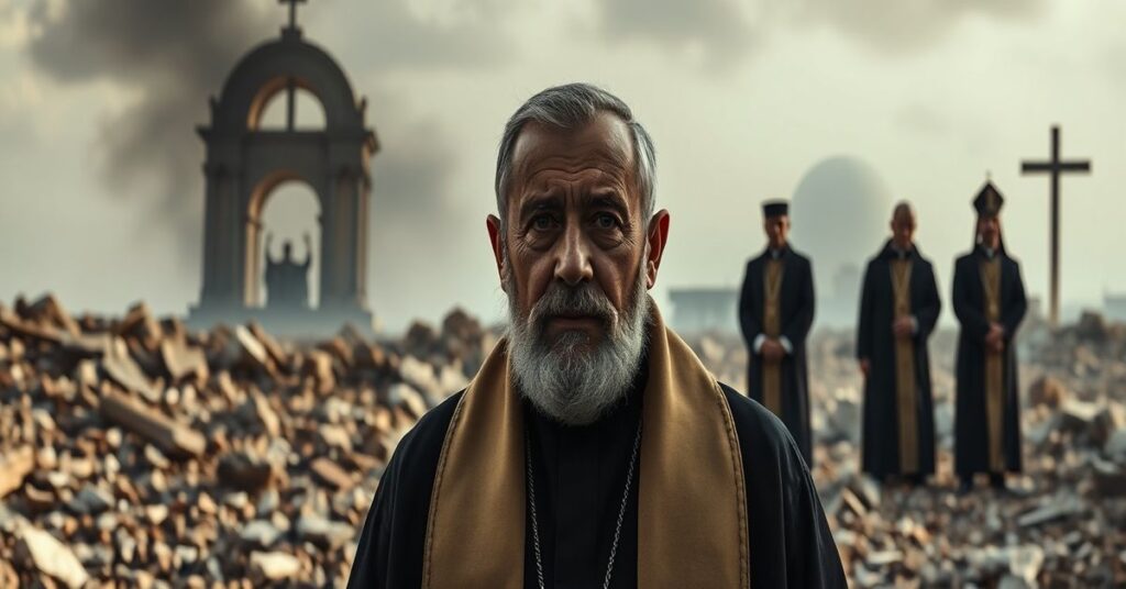 Portret Louis Raphaela Sako przed ruinami kościoła w Iraku