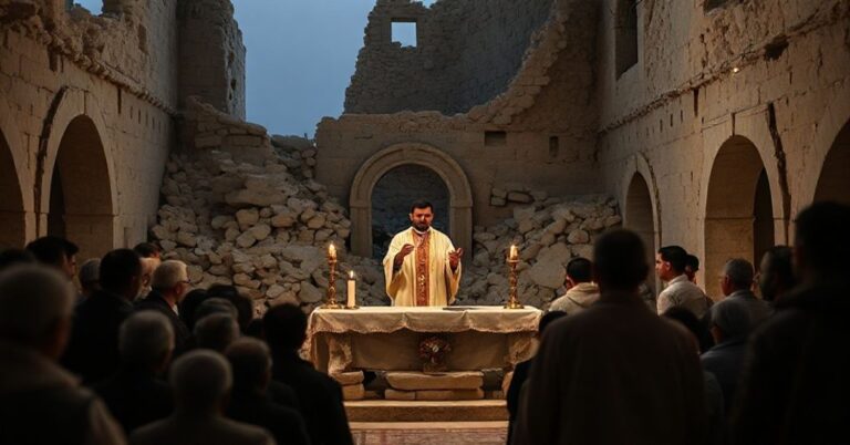 Scena tradycyjnej Mszy katolickiej w ruinach starego sanktuarium w Syrii z heterodoksalnym kazaniem.