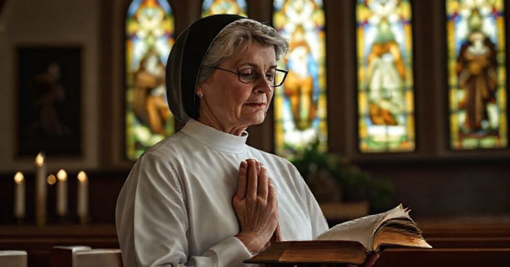Ruth Pakaluk w modlitewnym kaplicy katolickiej z krzyżem i świecami