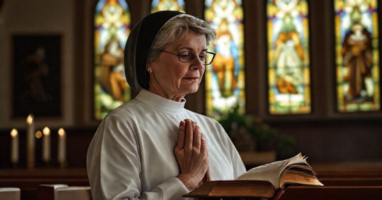 Ruth Pakaluk w modlitewnym kaplicy katolickiej z krzyżem i świecami