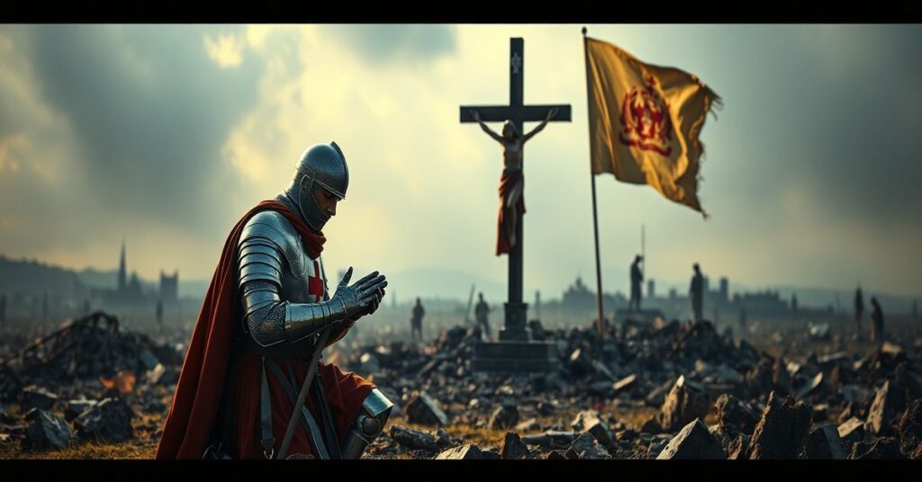 Rycerz katolicki w tradycyjnej zbroi modli się przed krzyżem na polu bitewnym zniszczonym przez wojnę. Scena podkreśla sakralny charakter wojny chrześcijańskiej w obronie wiary.