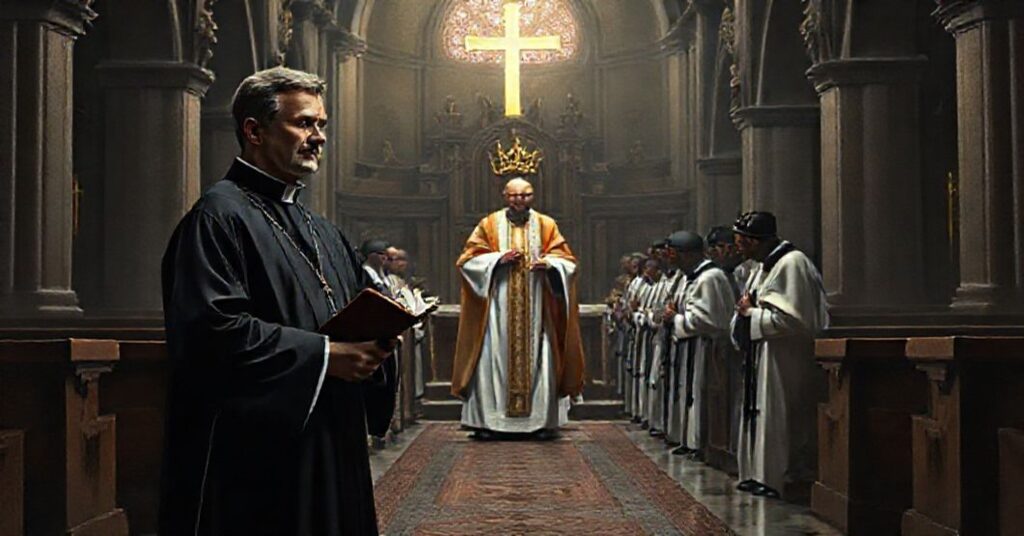 Sobór kościoła z tradycyjnymi elementami i modernistycznymi symbolami; tradycyjny ksiądz w sutannie i surplisie stoi smutnie trzymając brewiarz; grupa współczesnych "Rycerzy Kolumba" klęczy przed fałszywym "papieżem" Leonem XIV