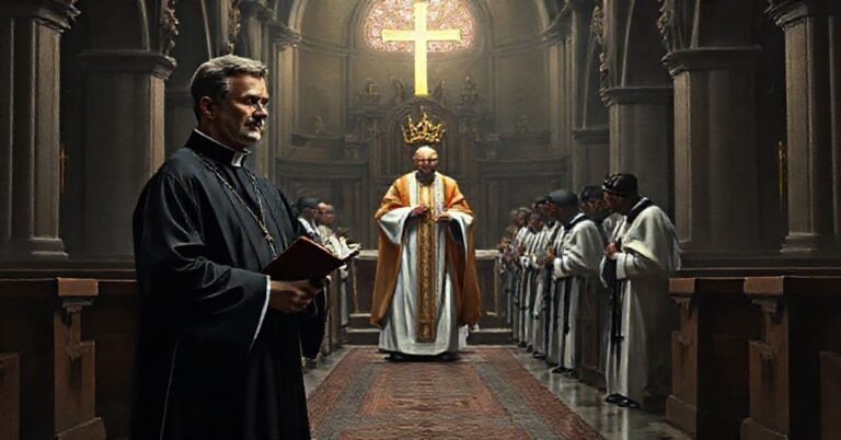 Sobór kościoła z tradycyjnymi elementami i modernistycznymi symbolami; tradycyjny ksiądz w sutannie i surplisie stoi smutnie trzymając brewiarz; grupa współczesnych "Rycerzy Kolumba" klęczy przed fałszywym "papieżem" Leonem XIV