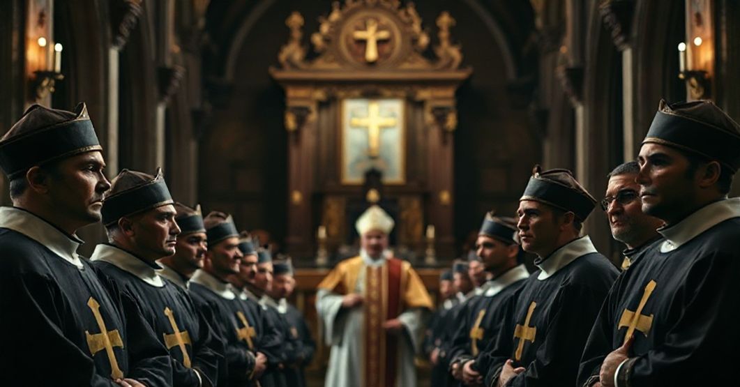 Rycerze Kolumba a modernistyczna apostazja Grupa Rycerzy Kolumba w tradycyjnych strojach stojących przed baldachimem w klasycznej bazylice. Na tle widoczny jest rozmyty antykościelny "papież" symbolizujący herezję. Scena jest poważna i wzruszająca.