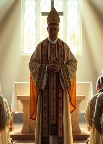 Rycerze Kolumba w duchowym bezkrólewiu - iluzja męskości Grupa mężczyzn w tradycyjnych habitach modli się w kościele z biskupem podczas mszy świętej.