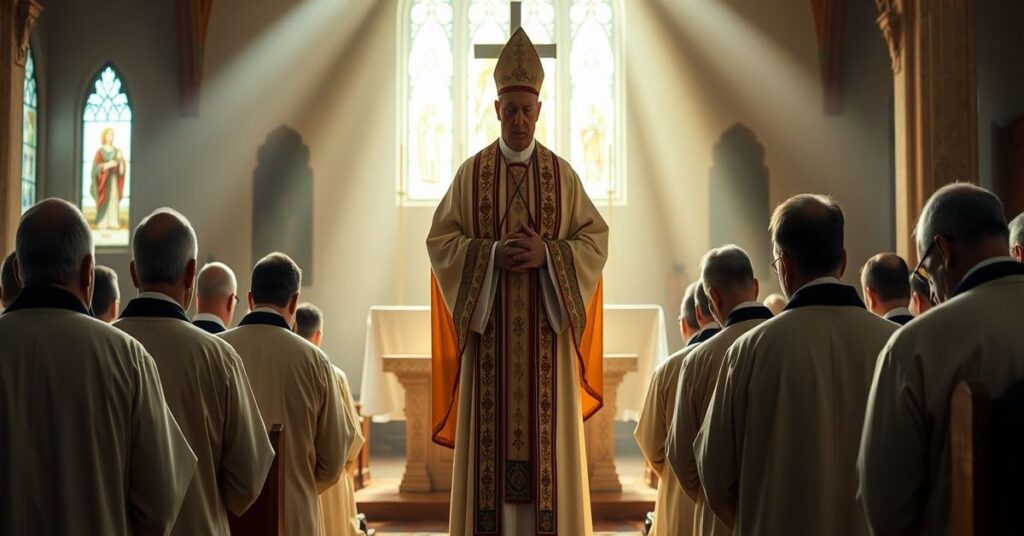 Grupa mężczyzn w tradycyjnych habitach modli się w kościele z biskupem podczas mszy świętej.