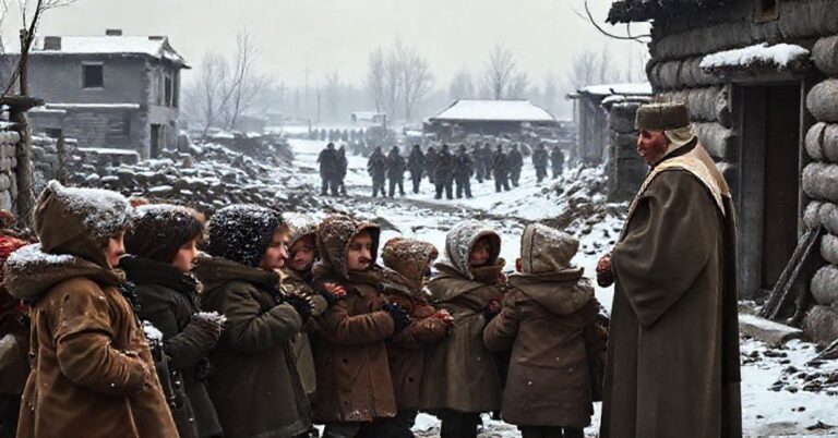 Kobiety i dzieci odbierają kurtki od Rycerzy Kolumba podczas mszy NOWEGO PORZĄDKU w zniszczonej wiosce na Ukrainie; na tle widoczny jest tradycyjny ksiądz w sutannie.