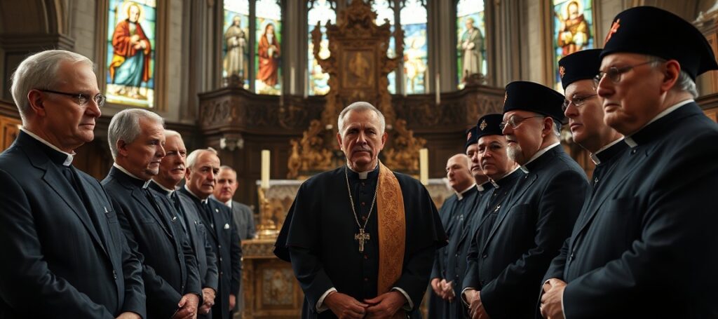 Zdjęcie przedstawiające XVI Konwencję Stanową Rycerzy Kolumba w Licheniu w 2026 roku. Grupa mężczyzn w stroju oficjalnym stoi przed tradycyjnym ołtarzem katolickim z świecami i symbolami religijnymi. Tło stanowi wnętrze historycznego kościoła z witrażami przedstawiającymi świętych.