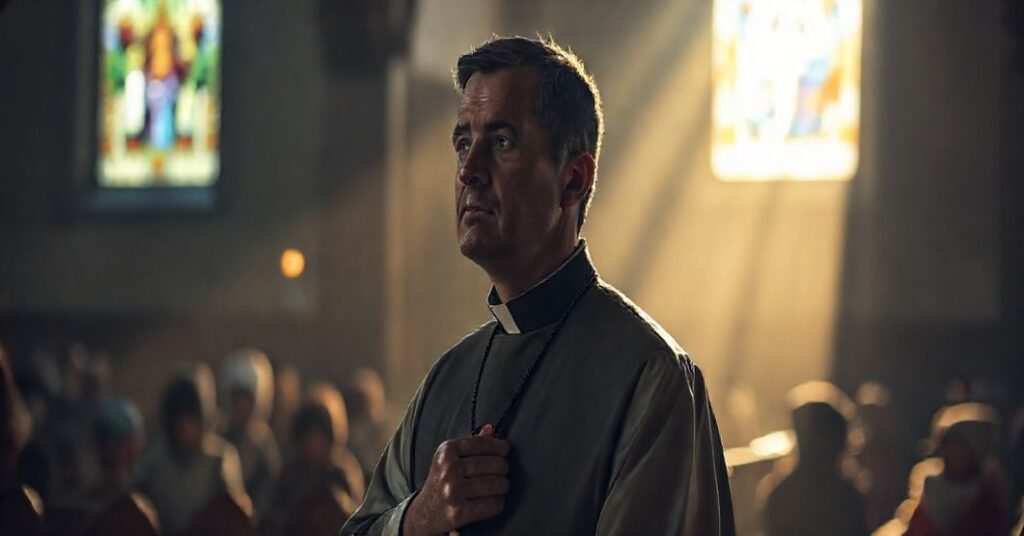 Zatroskany ksiądz w tradycyjnych szatach kościelnych trzyma różaniec w ciemnej kaplicy z dziećmi w tle