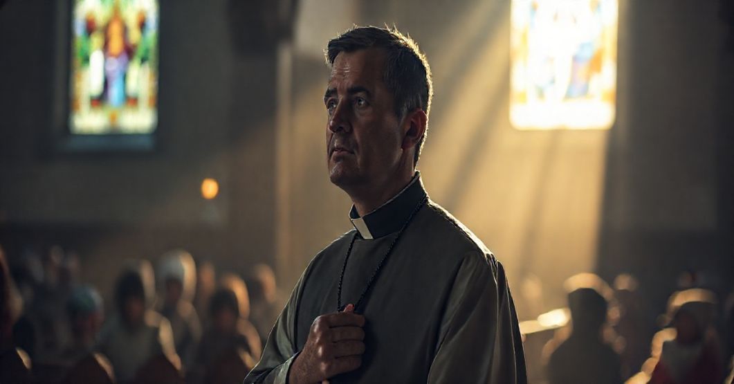 Zatroskany ksiądz w tradycyjnych szatach kościelnych trzyma różaniec w ciemnej kaplicy z dziećmi w tle