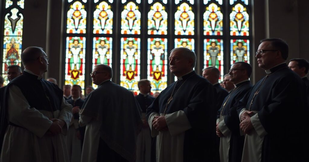 Grupa mężczyzn w tradycyjnych strojach katolickich stojących w kościele z witrażami, symbolizujących pustkę modernistycznej fasady Rycerzy Kolumba.