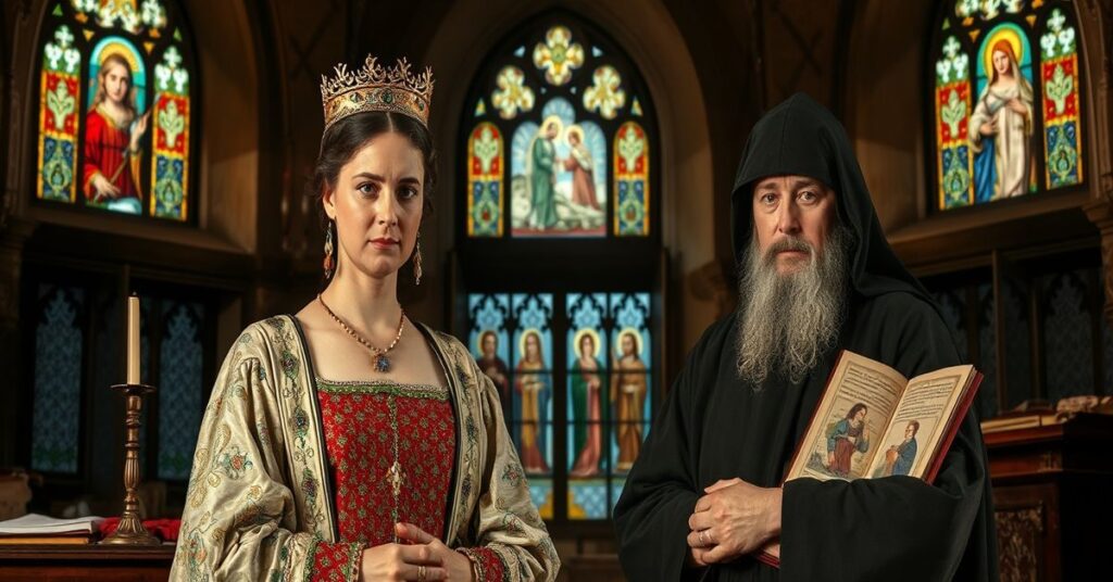 Portret Rychezy, pierwszej królowej Polski, z synem Kazimierzem Odnowicielem w średniowiecznym zamku polskim. Otoczeni są relikwiami i rękopisami iluminowanymi, co podkreśla ducha wiary i świadomość Bożej Opatrzności w ich rządach.