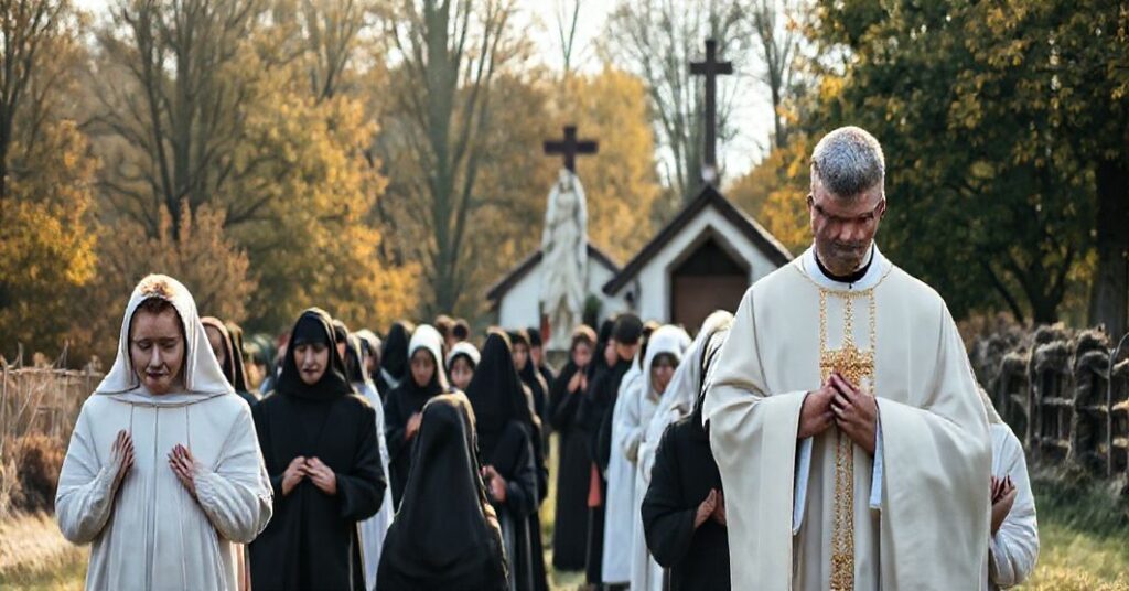 Pielgrzymka katolicka w Rychwałdzie, kapłan w kaszule rzymskiej, pokłon wiernych przed Najświętszym Sakramentem, stara figura Matki Boskiej, wiejskie sanktuarium, jesienne drzewa, duchowość tradycyjna.