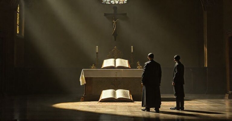 Tradycyjny ołtarz katolicki z Biblią i krzyżem, z dwoma postaciami w tle symbolizującymi dekonstrukcję współczesnego Zachodu.