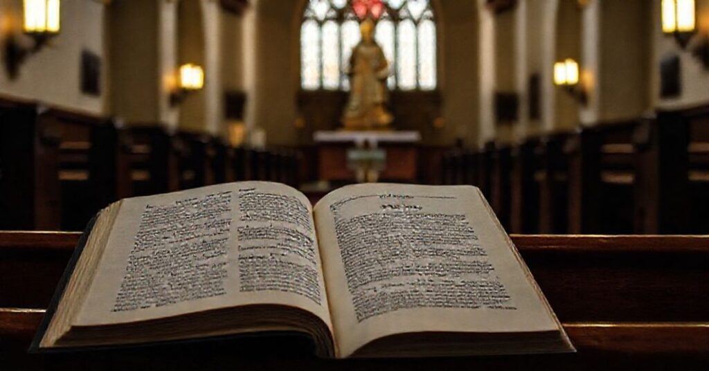 Wejrzenie na wnętrze kościoła z rzeźbą Matki Bożej Bolesnej w tle i księga o Rainerze Marii Rilkemu na ławce
