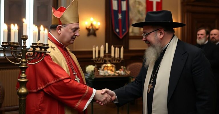 Uroczysty moment w Pałacu Arcybiskupim w Krakowie, gdzie fałszywy 'kardynał' Grzegorz Ryś uczestniczy w dialogu międzyreligijnym z naczelnym rabinem Polski Michaelem Schudrichem.