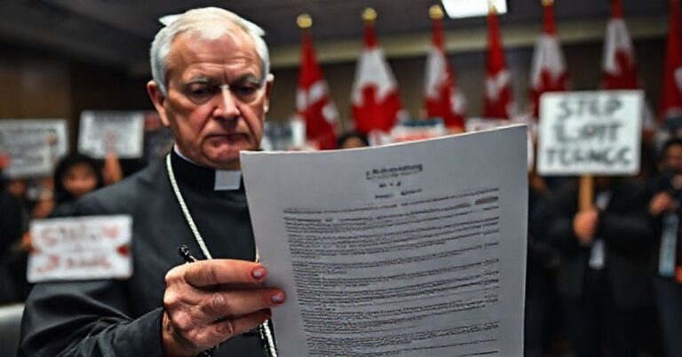 Ksiądz w tradycyjnym ornaty trzyma różaniec przed dokumentem rządu kanadyjskiego ukrywającym finansowanie ideologii płciowej.