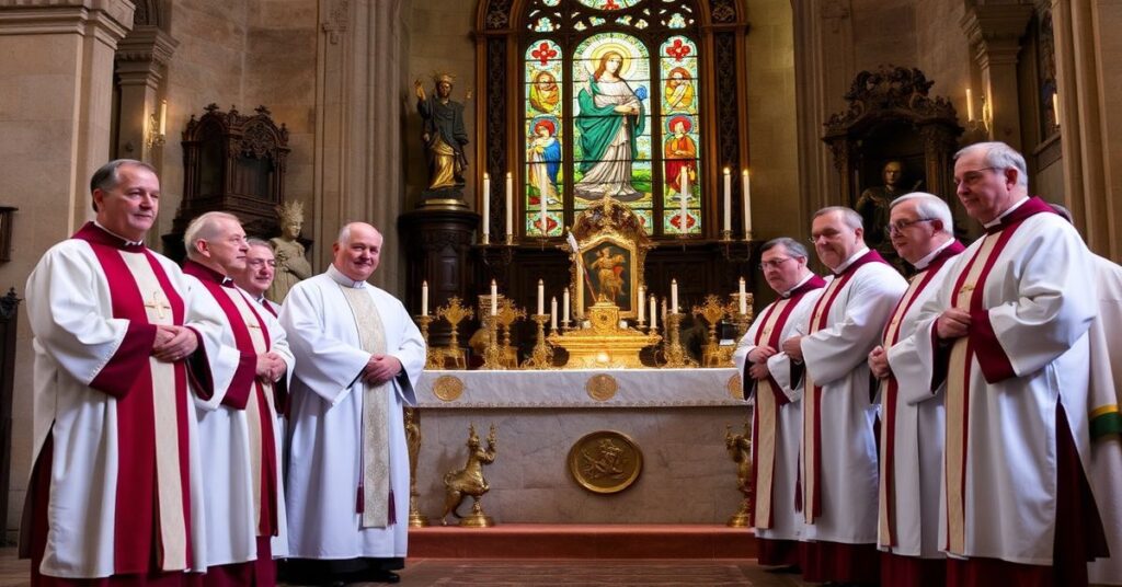 Tradycyjni katolicy w habitach modlący się przed ołtarzem z relikwiami i świecami