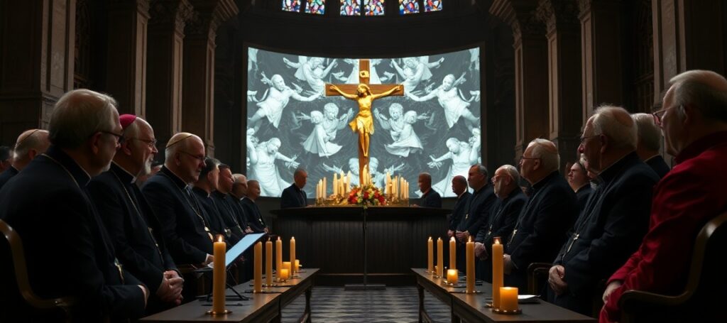 Zdjęcie przedstawiające spotkanie rzeczników Konferencji Episkopatów Europy w Rzymie z ks. Leszkiem Gęsiakiem SJ w tradycyjnym kościele katolickim