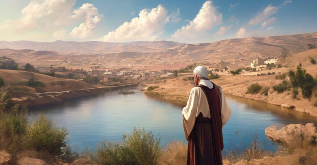 Zdjęcie przedstawiająca rzekę Jordan jako święte miejsce w katolickim tradycji, z tradycyjnym księdzem w habitach przy brzegach rzeki.