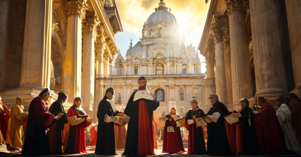 Obraz przedstawia rzekomych kardynałów Ángele Fernándeza Artime, Christopha Schönborna OP, Konrada Krajewskiego i Luisa Antonio Tagle przed budynkiem Muzeów Watykańskich. Scena symbolizuje konflikt między duchowym powołaniem Kościoła a światowymi interesami Instytutu Dzieł Religijnych (IOR).