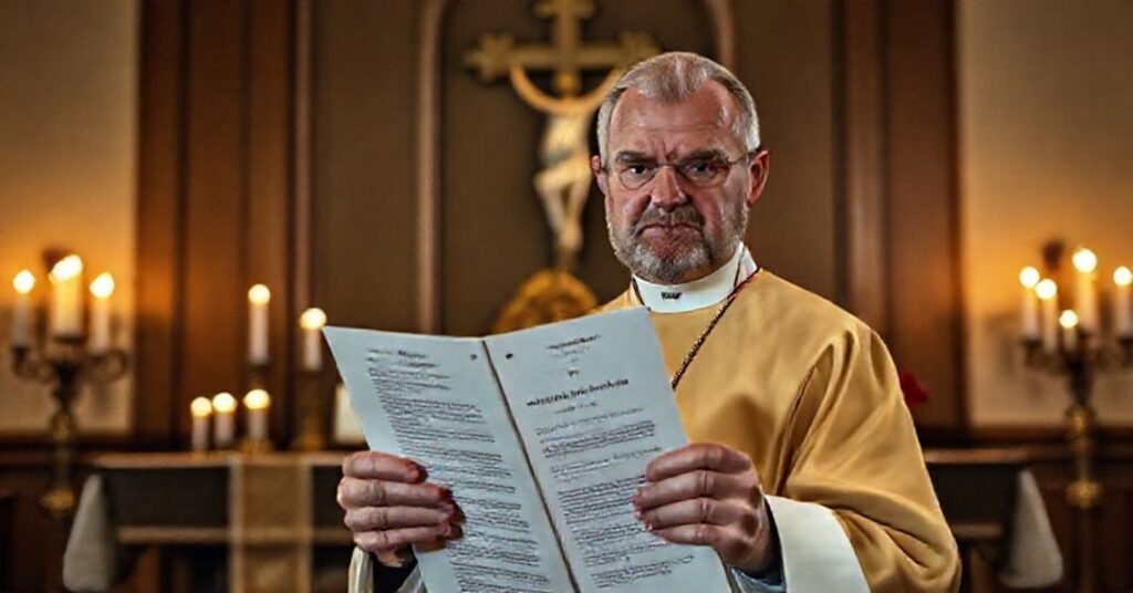 Portret rzekomego biskupa Stefana Ostera w stroju liturgicznym przed ołtarzem z dokumentem DBK o różnorodności płciowej. Scena podkreśla konflikt między nowoczesnymi ideologiami a tradycyjną katolicką nauką.